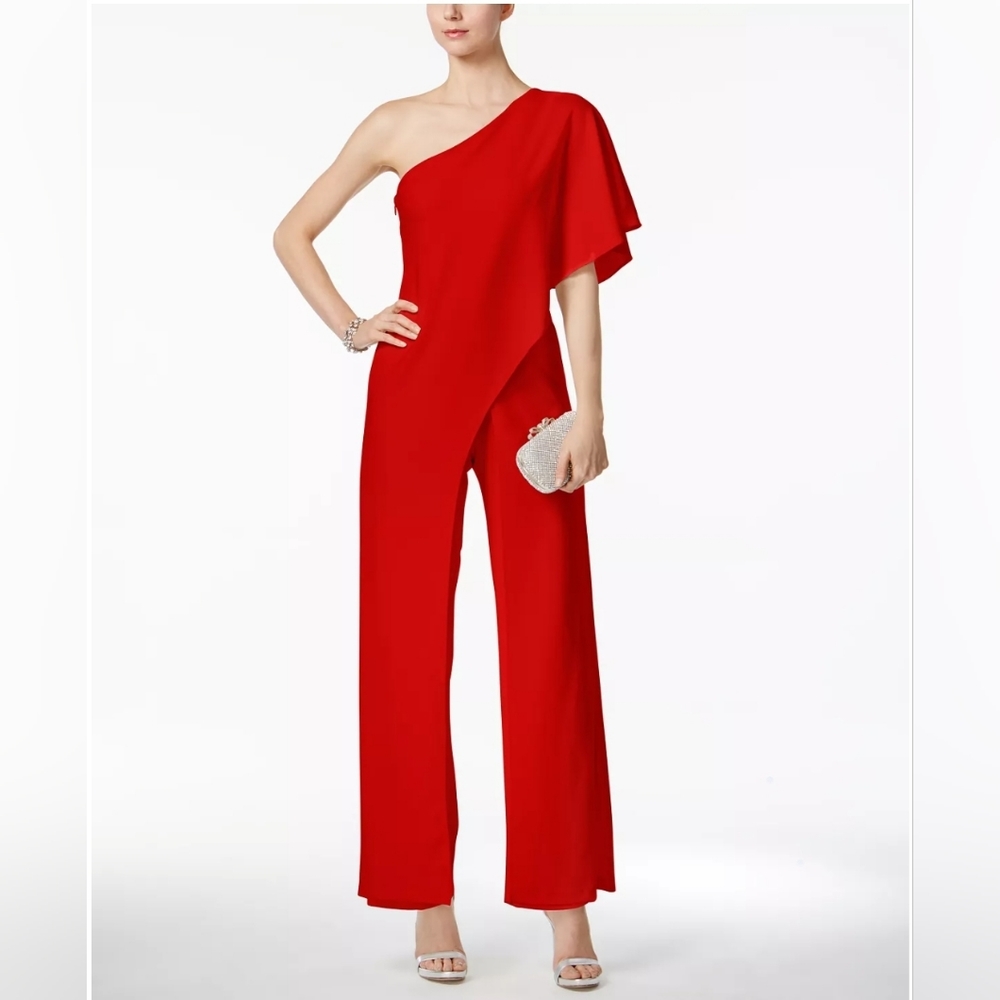 NWT Red Jumpsuit Sz 4 One Shoulder Formalwear Wideleg